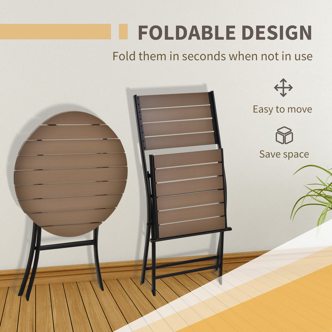 3 Pcs Folding Bistro Dining Set 2 Single Chair 1 Dining Table Metal Frame Plastic Panel Slatted Compact Garden Outdoor Apartment Black&amp;Brown