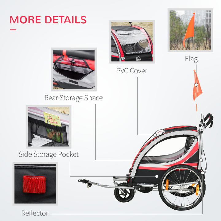 Child Bike Trailer 2 In 1 Baby Stroller 2-Seater Transport Carrier with Brake, 5 Point Harness, Storage Bag, Reflector, Flag, Red