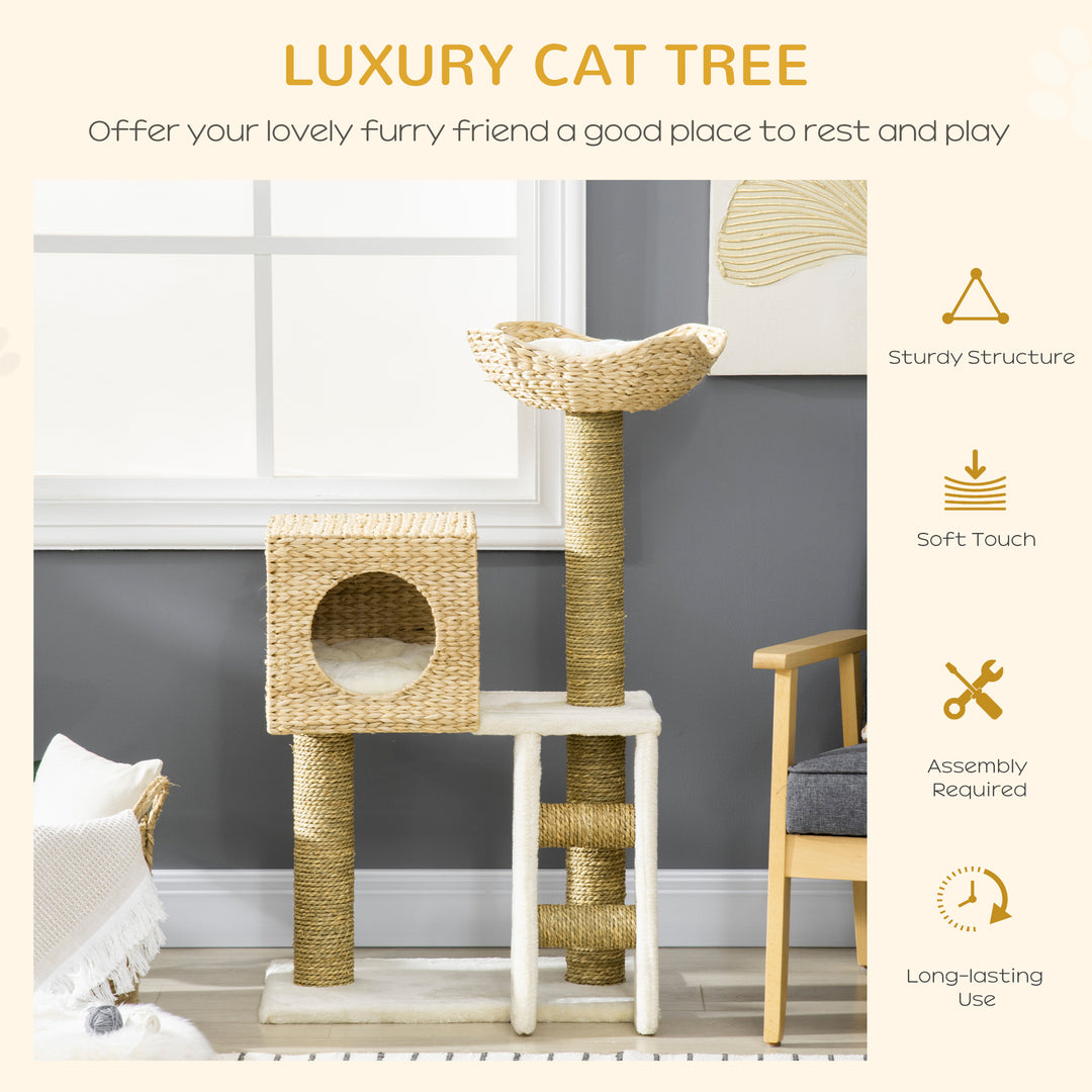 Cat Tree for Indoor Cats Kitten Tower Cattail Weave with Scratching Posts, Cat House, Bed， Washable Cushions Natural, 57 x 37 x 100.5 cm
