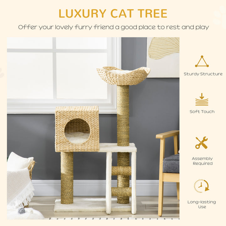 Cat Tree for Indoor Cats Kitten Tower Cattail Weave with Scratching Posts, Cat House, Bed， Washable Cushions Natural, 57 x 37 x 100.5 cm