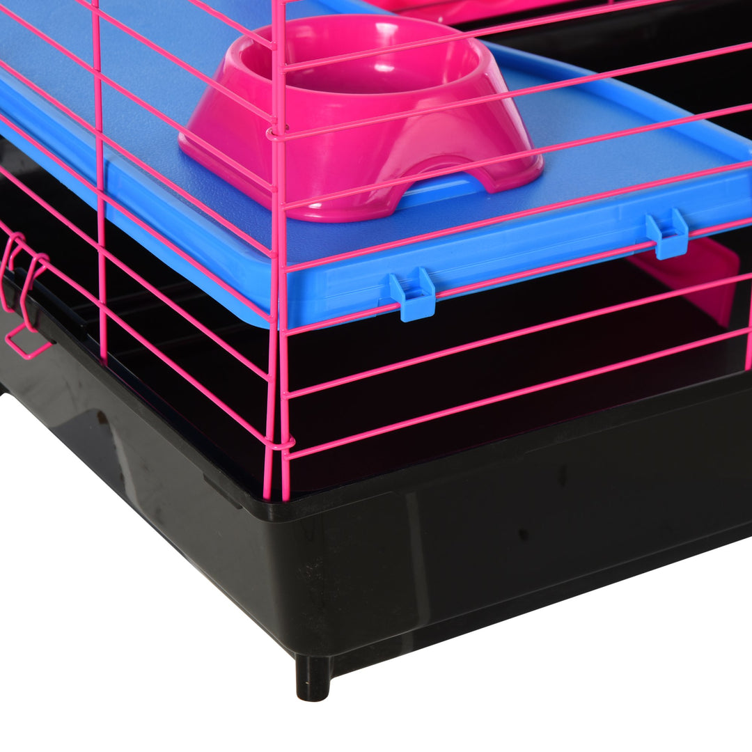PawHut Dwarf Hamster Metal Cage w/ Tunnels Water Bottle Food Dish Pink