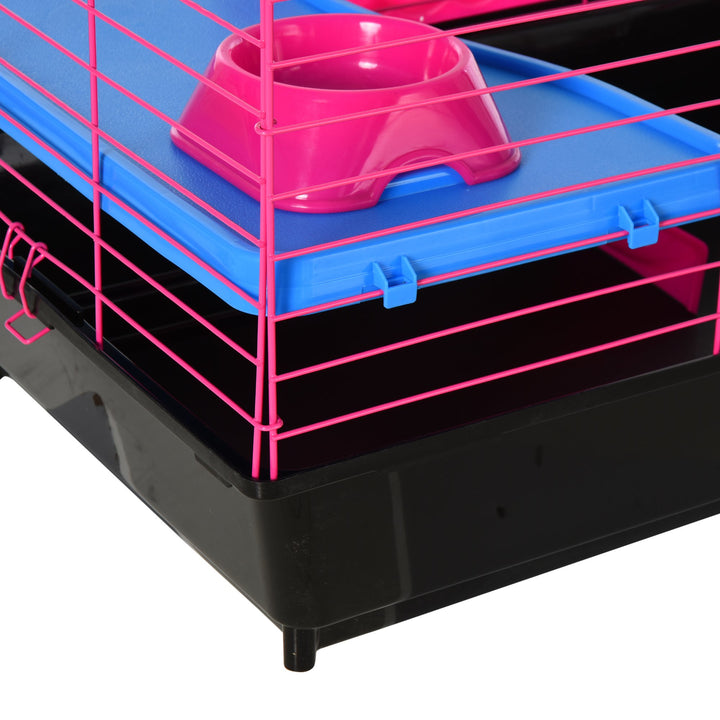 PawHut Dwarf Hamster Metal Cage w/ Tunnels Water Bottle Food Dish Pink