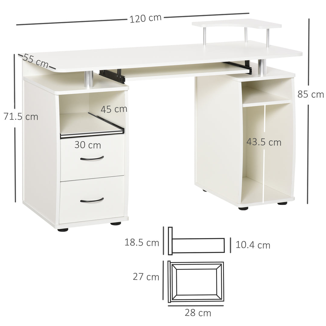Computer Desk Office PC Table Workstation Gaming Study with Keyboard Tray, CPU Shelf, Wooden, Drawers, Sliding Scanner Shelf, White