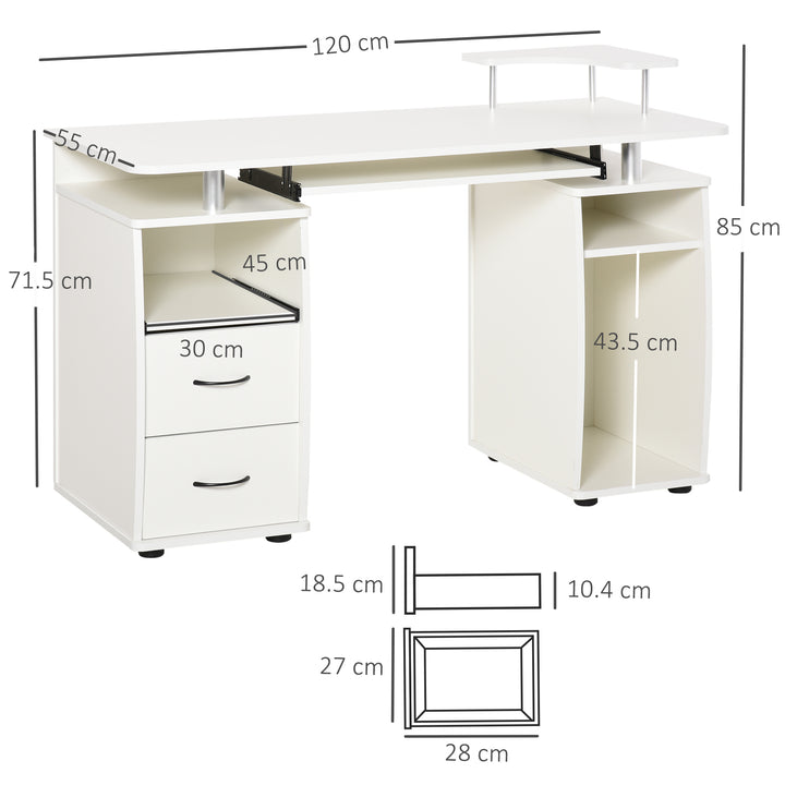 Computer Desk Office PC Table Workstation Gaming Study with Keyboard Tray, CPU Shelf, Wooden, Drawers, Sliding Scanner Shelf, White