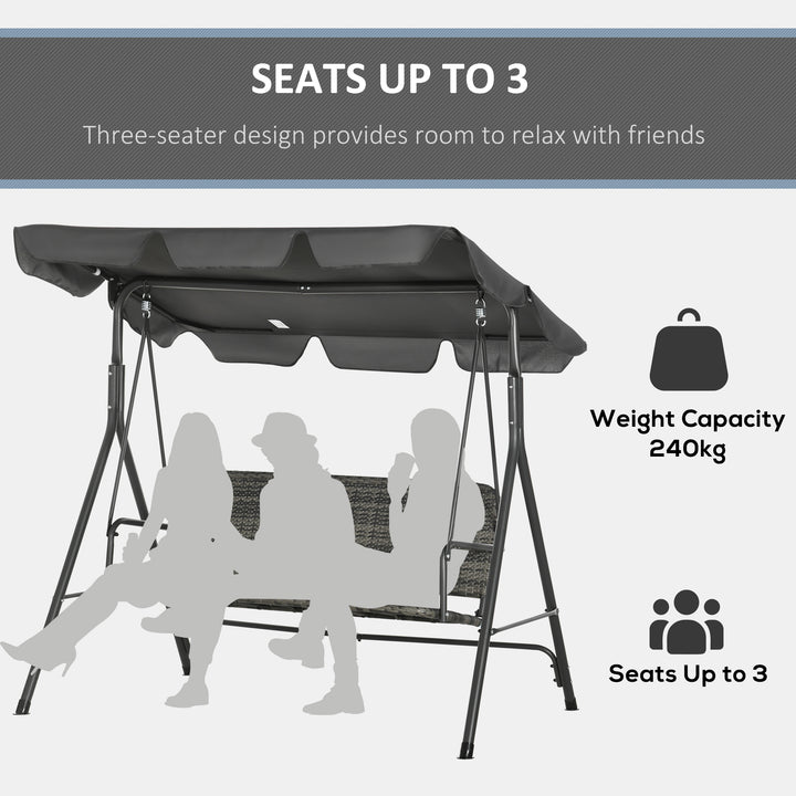 3-person Outdoor PE Rattan Swing Chair, Patio Wicker Hanging Swing Bench with Steel Frame Stand & Adjustable Canopy, Grey