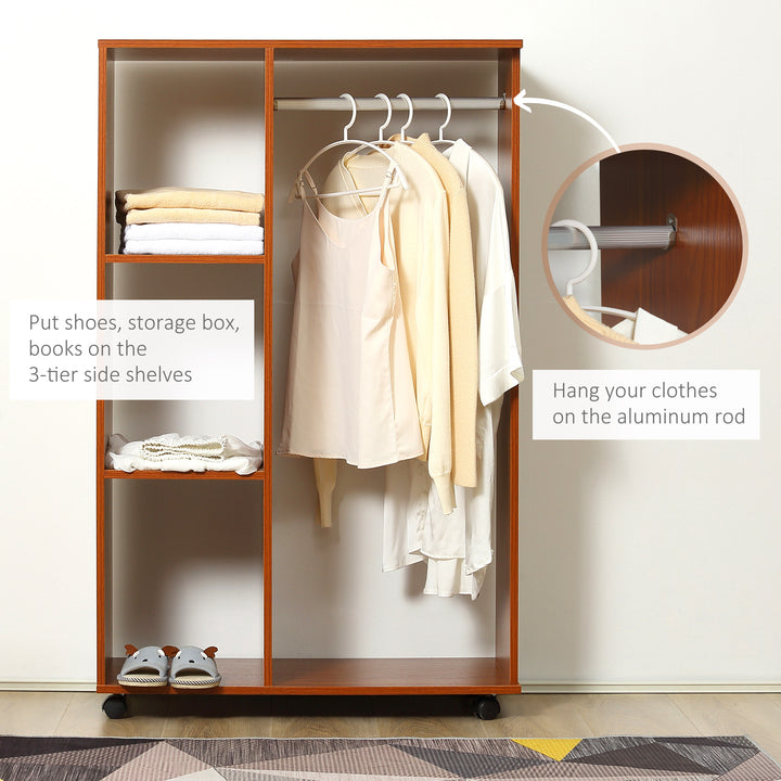HOMCOM Open Wardrobe with Hanging Rail and Storage Shelves w/Wheels Bedroom-Walnut