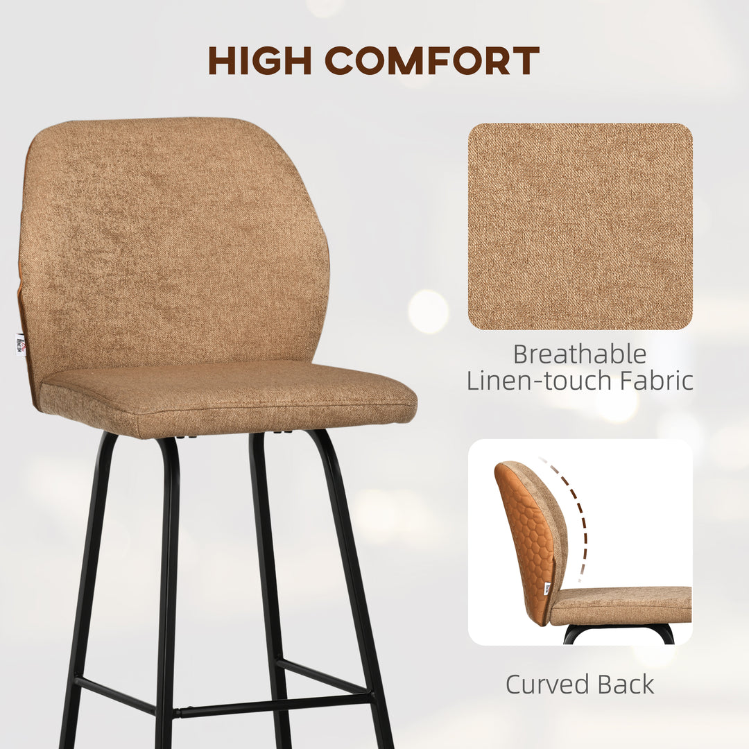 Bar Stools Set of 2, Linen-Touch Upholstered Bar Chairs, Kitchen Stools with Backs and Steel Legs, Light Brown