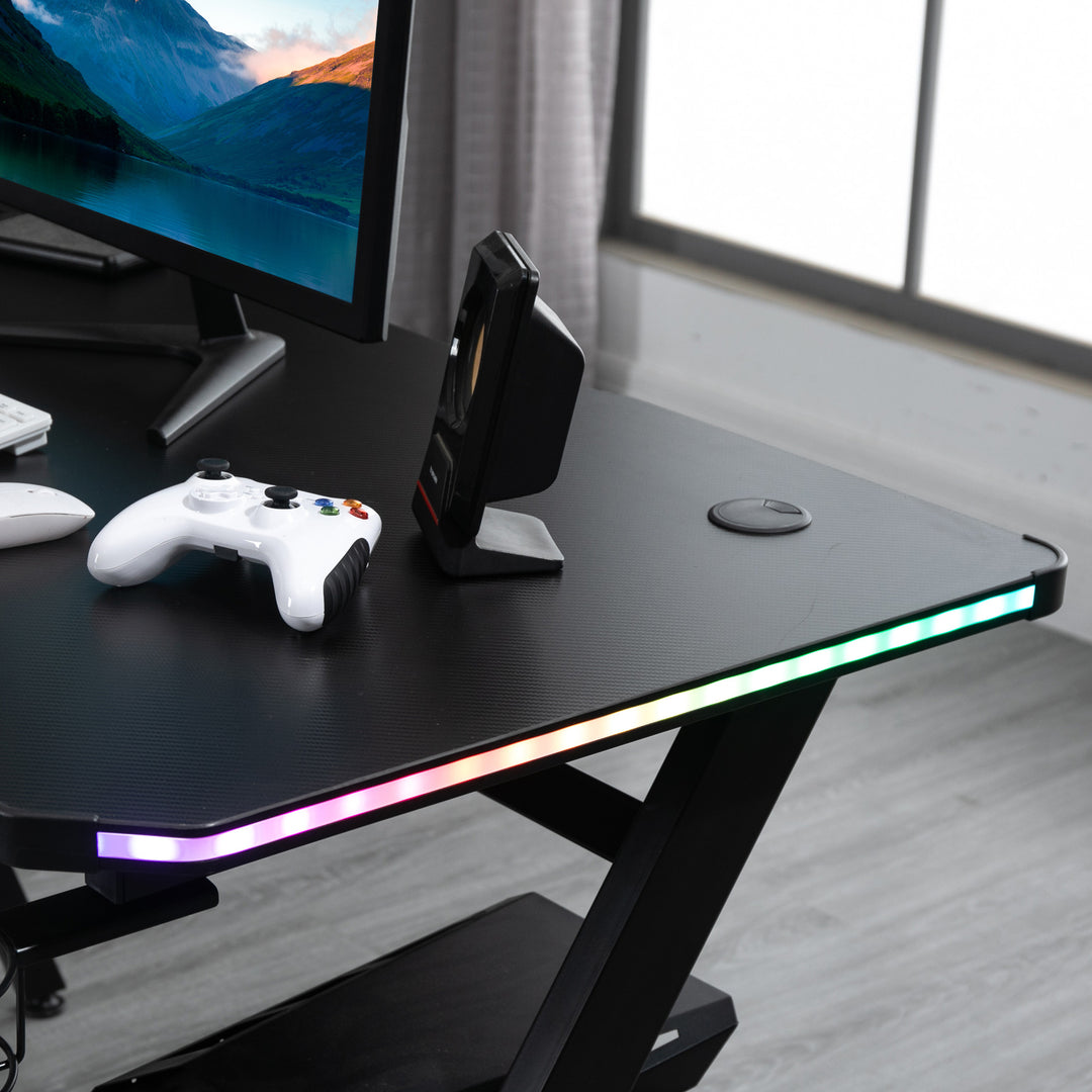 Gaming Desk Racing Style Home Office Ergonomic Computer Table Workstation with RGB LED Lights,  Black