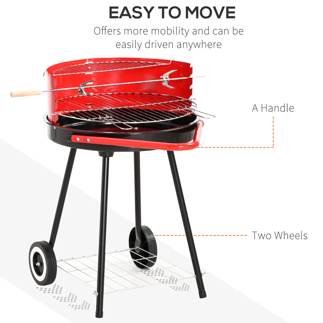 Charcoal Barbecue Grill Garden BBQ Trolley w/ Adjustable Grill Pan Height, Wheels and 3 layers, Red