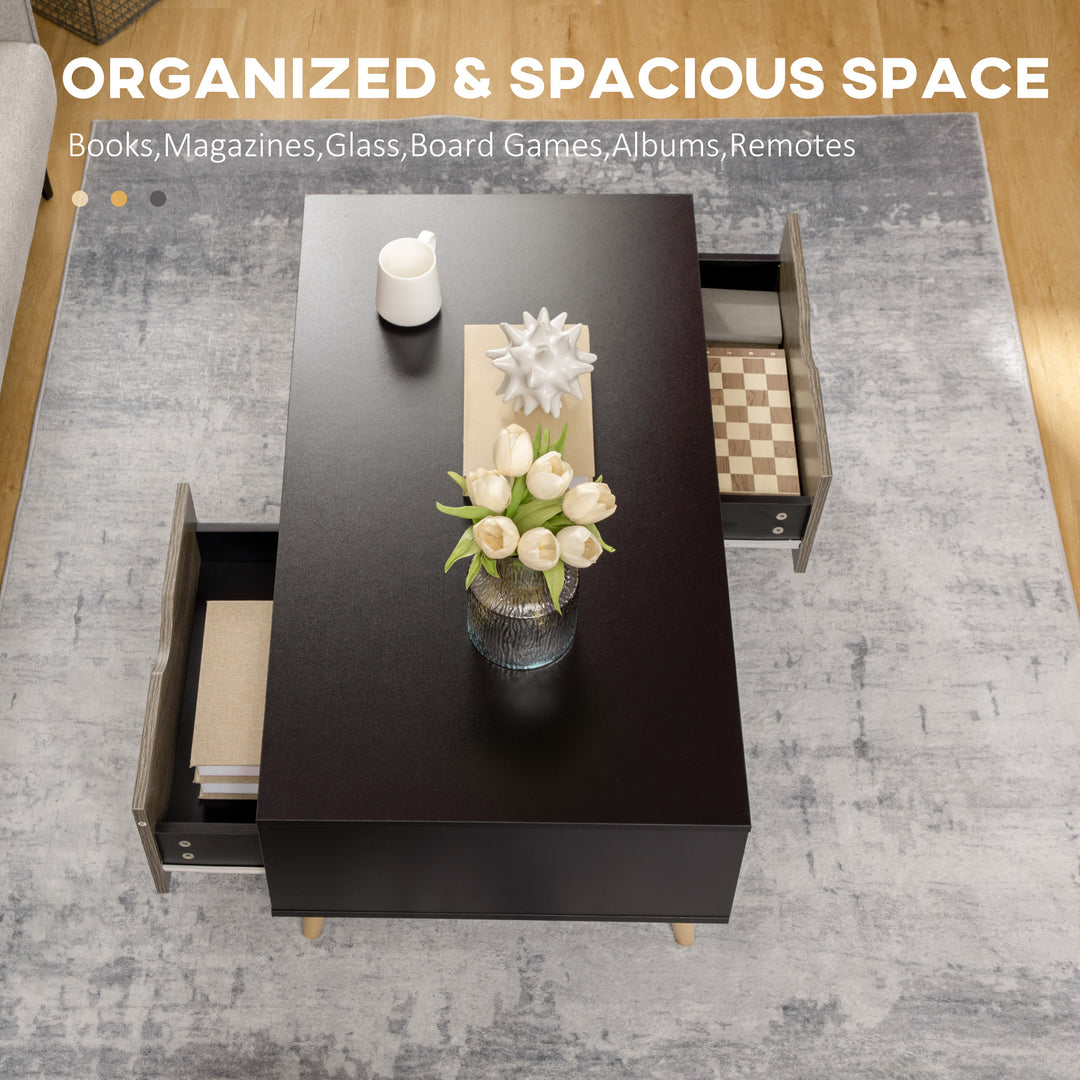 Coffee Table, Modern Tea Table with Open Storage Shelves, Two Drawers and Solid Wood Legs, Coffee Tables for Living Room, Bed Room, Black