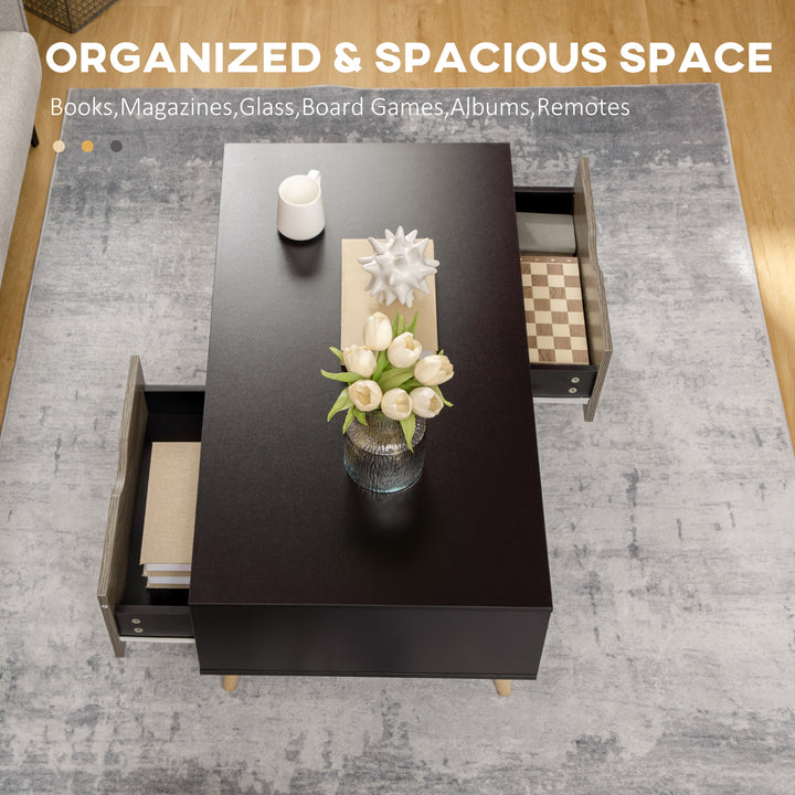 Coffee Table, Modern Tea Table with Open Storage Shelves, Two Drawers and Solid Wood Legs, Coffee Tables for Living Room, Bed Room, Black