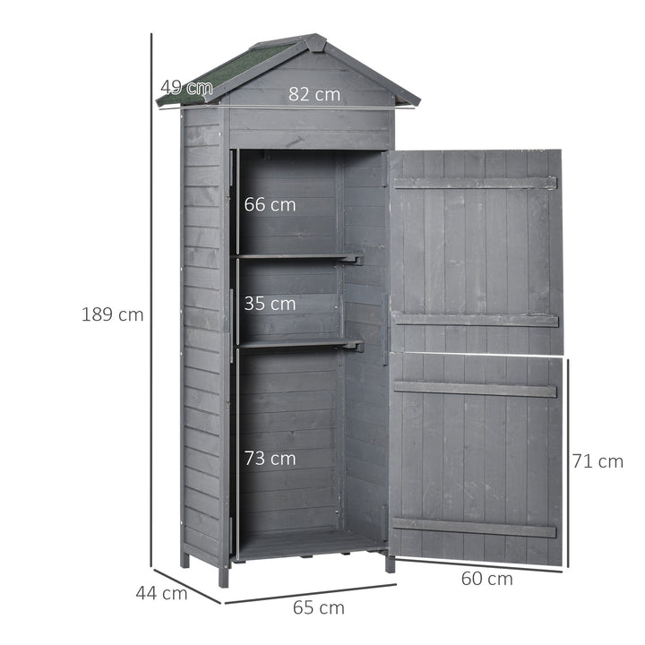 Outsunny Wooden Garden Storage Shed Timber Tool Cabinet Organiser w/ Tilted-felt Roof, Shelves, Lockable Doors, 189 x 82 x 49 cm, Grey