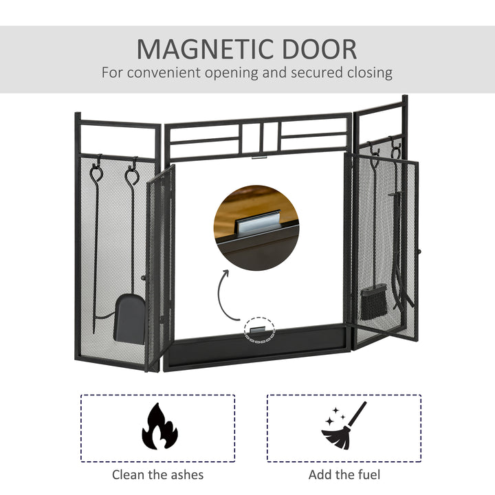 HOMCOM 3 Panel Folding Fire Guard, Steel Fireplace Screen with Double Door and Mesh Design for Open Fire, 122W x 80H cm, Black