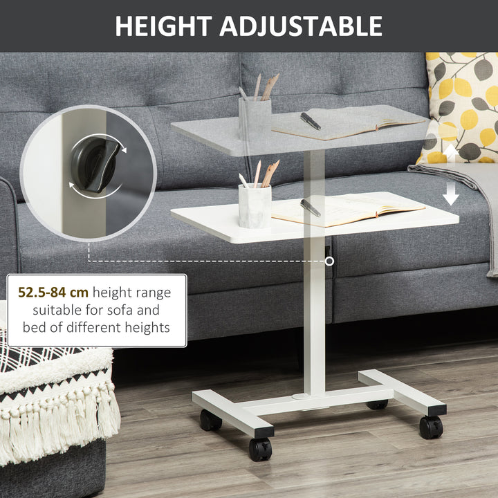 Mobile Overbed Table, Rolling Laptop Stand with Wheels, Height Adjustable Sofa Side Table for Home Office, White