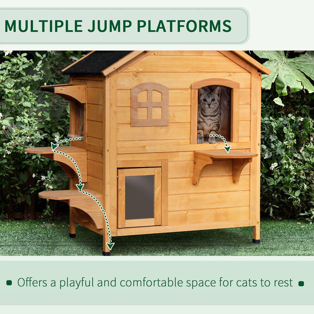 Wooden Cat House Condos Cat Cave Pet Shelter 2 Floor Villa Outdoor Furniture Natural Wood Finish