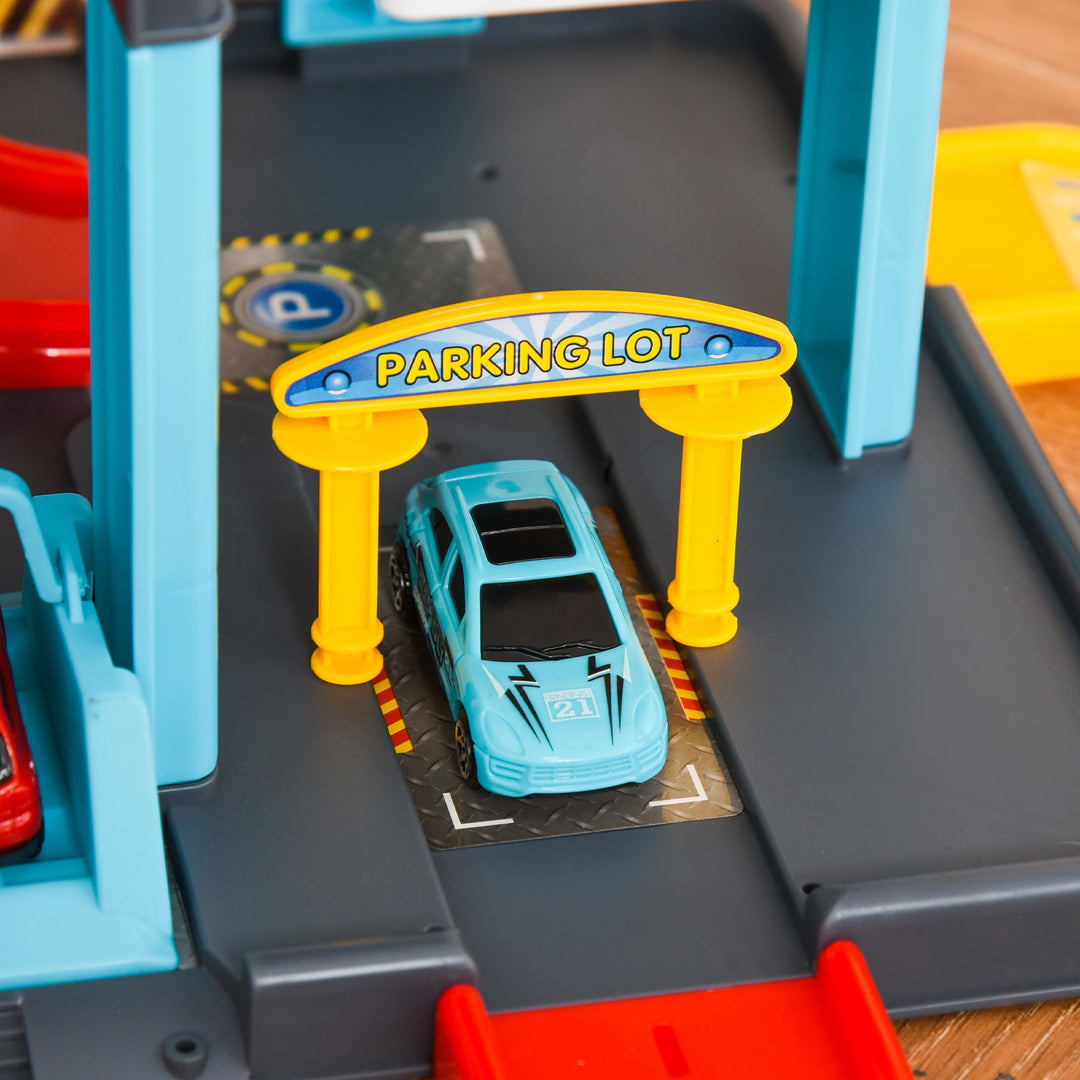 5-Level Car Parking Garage Toy Race Tracks Car Ramp Set Toddler Car Games w/ Cars &amp; Helicopter Elevator Gas Station Car Repair Station