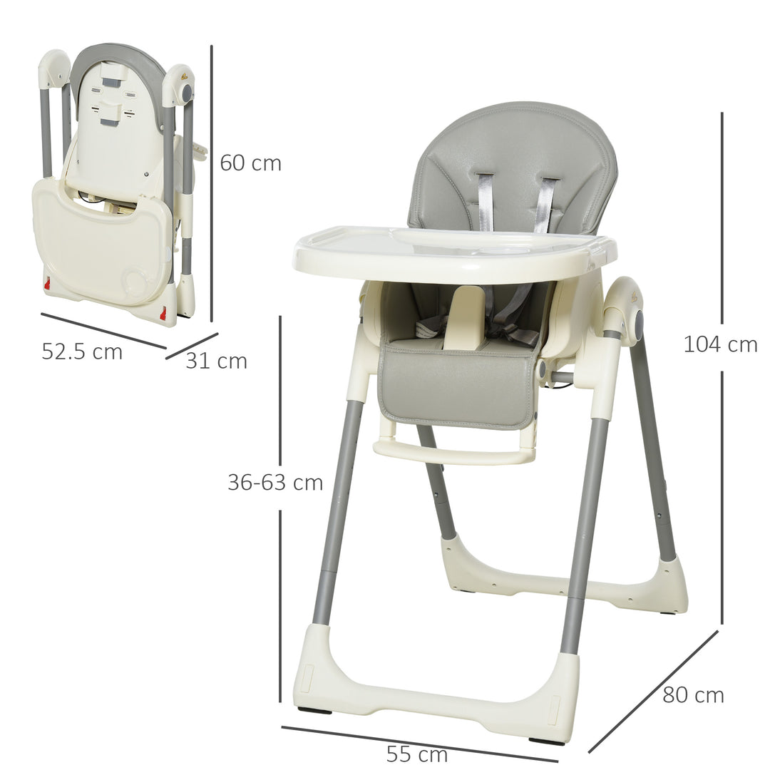 Foldable Baby High Chair Convertible to Toddler Chair Height Adjustable with Removable Tray 5-Point Harness Mobile with Wheels Grey