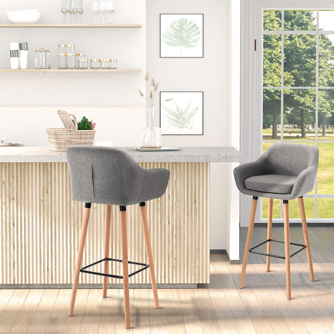 Set of 2  Bar Stools Modern Upholstered Seat Bar Chairs w/ Metal Frame, Solid Wood Legs Living Room Dining Room Fabric Furniture - Grey