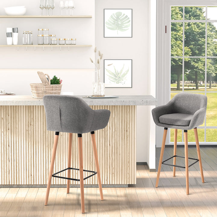 Set of 2  Bar Stools Modern Upholstered Seat Bar Chairs w/ Metal Frame, Solid Wood Legs Living Room Dining Room Fabric Furniture - Grey