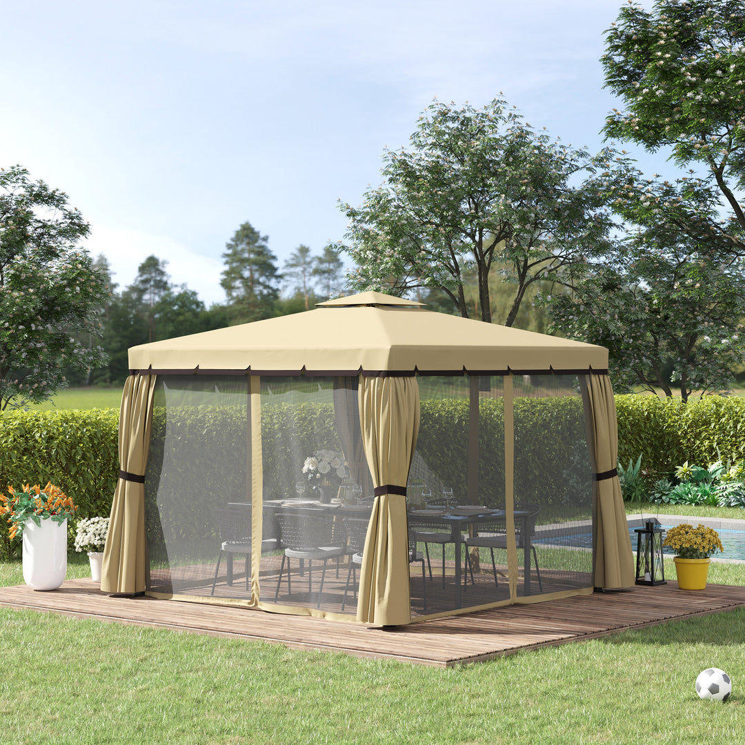 Outsunny 3 x 3(m) Garden Gazebo Pavilion Tent Shelter with 2 Tier Water Repellent Roof, Mosquito Netting and Curtains, Aluminium Frame, Beige