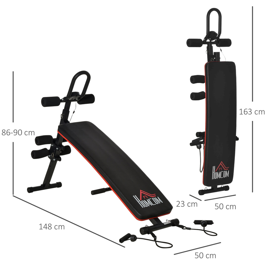 Adjustable Sit-Up Bench, Core Workout Abdominal Strength Building, Foldable Design w/ Bands for Home Gym Exercise Black