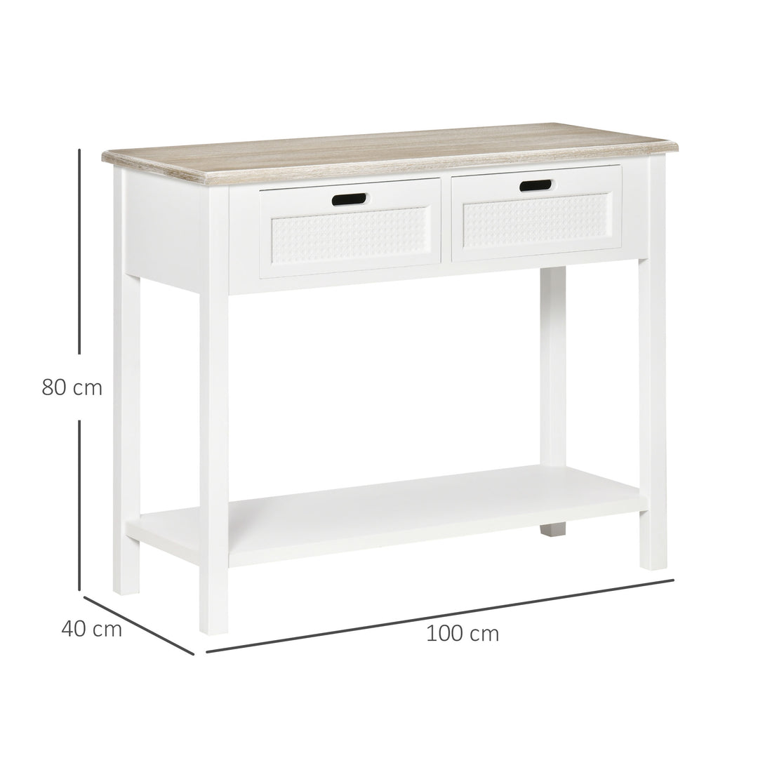 Console Table with 2 Drawers and Storage Shelf, Vintage Distressed Sofa Table for Hallway, Living Room, Bedroom, White