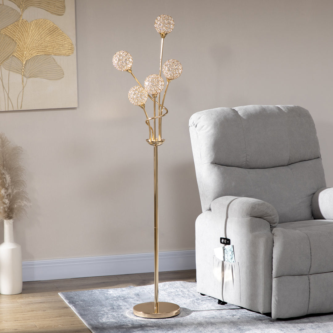 Crystal Floor Lamps for Living Room Bedroom with 5 Light, Modern Upright Standing Lamp, 34x25x156cm, Gold Tone