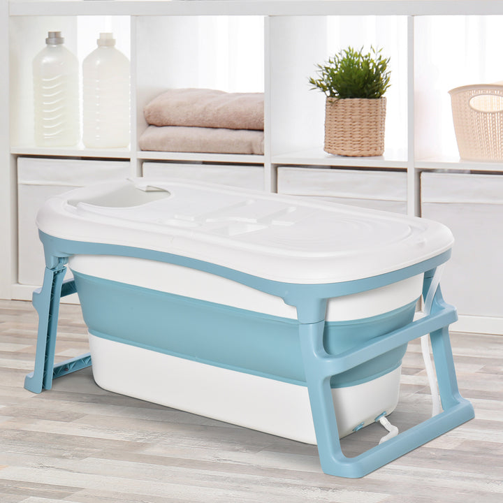 Folding Baby Bath Tub for Toddlers Kids Portable with Non-Slip Pads Top Cover for 1-12 Years Blue