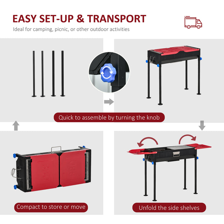 Portable Charcoal BBQ Grill Height Adjustable Barbecue w/ Side Shelves, Grill Net & Pan Easy Set-up