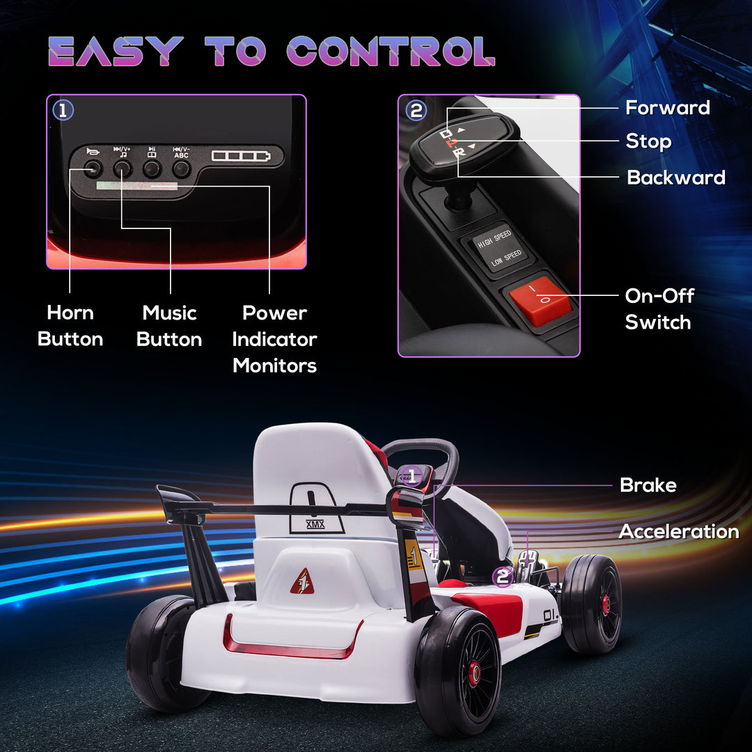 Electric Go Kart with Adjustable Footrest, Reversing Steering Wheel, Kids Ride-On Racing Go Kart with 12V Rechargeable Battery 2 Speeds White
