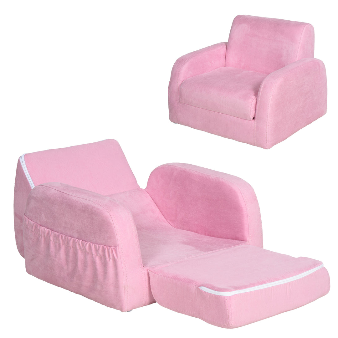 2 In 1 Kids Children Sofa Chair Bed Folding Couch Soft Flannel Foam Toddler Furniture for Playroom Bedroom Living Room Pink