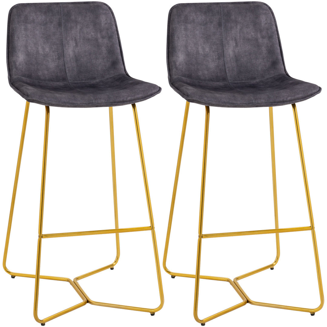 Bar Stools, Set of 2, Velvet-Touch Fabric Breakfast Bar Chairs with Footrest, Tall Kitchen Stools &amp; Gold-Tone Metal Legs for Dining Area, Grey