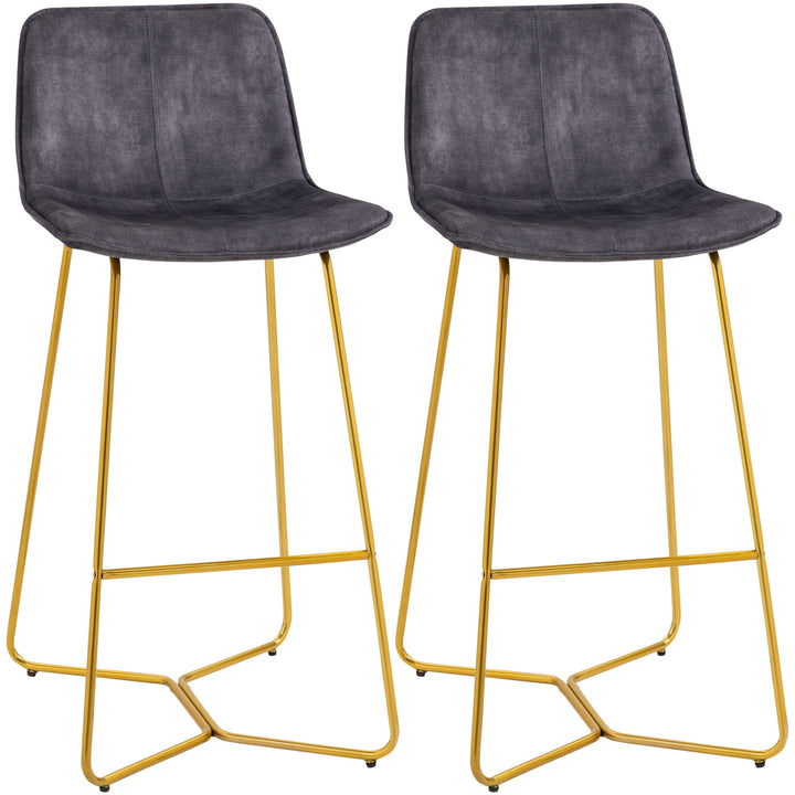 Bar Stools, Set of 2, Velvet-Touch Fabric Breakfast Bar Chairs with Footrest, Tall Kitchen Stools &amp; Gold-Tone Metal Legs for Dining Area, Grey