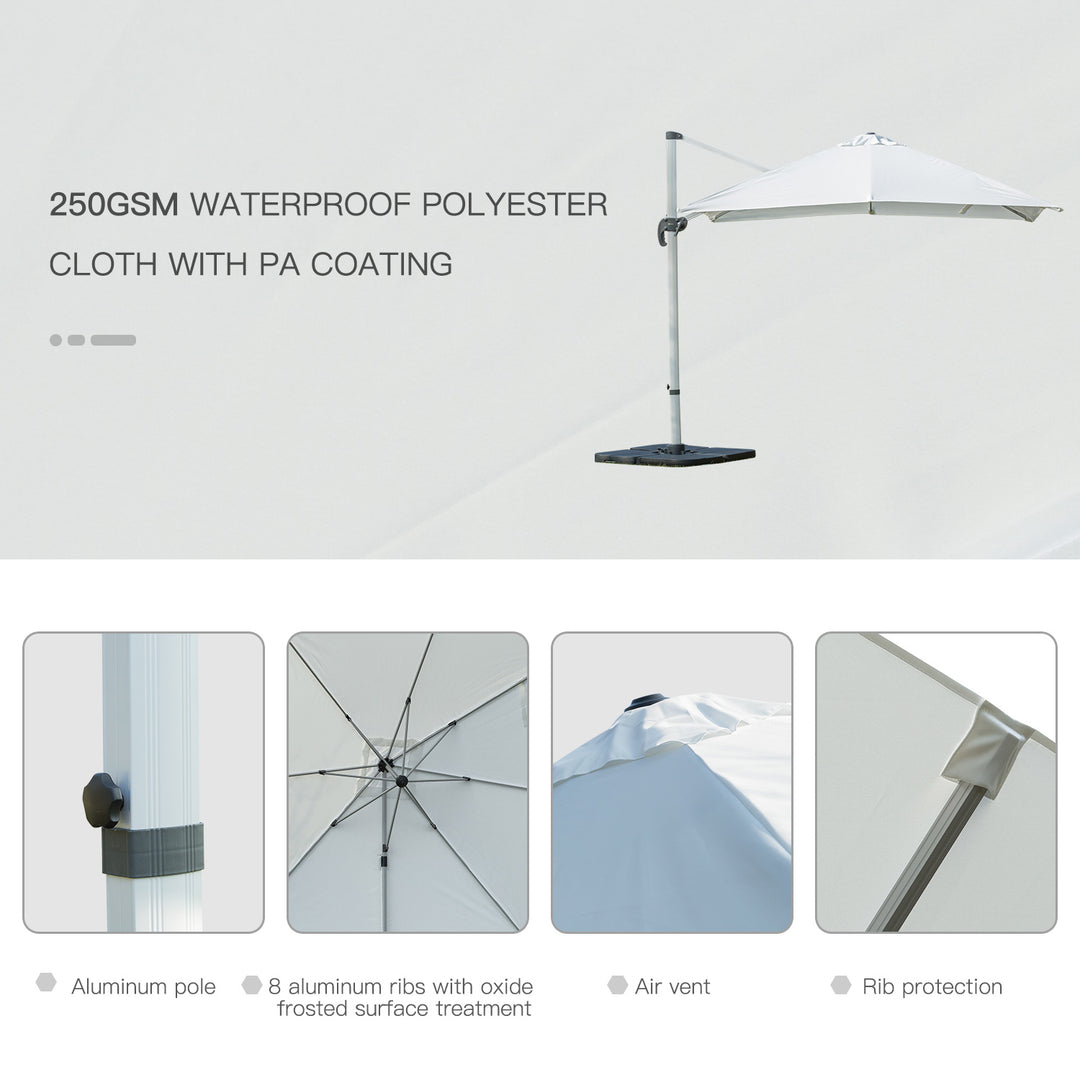 3m Cantilever Roma Parasol Aluminium Frame 360 Rotation Hanging Parasol with/ Cross Base White