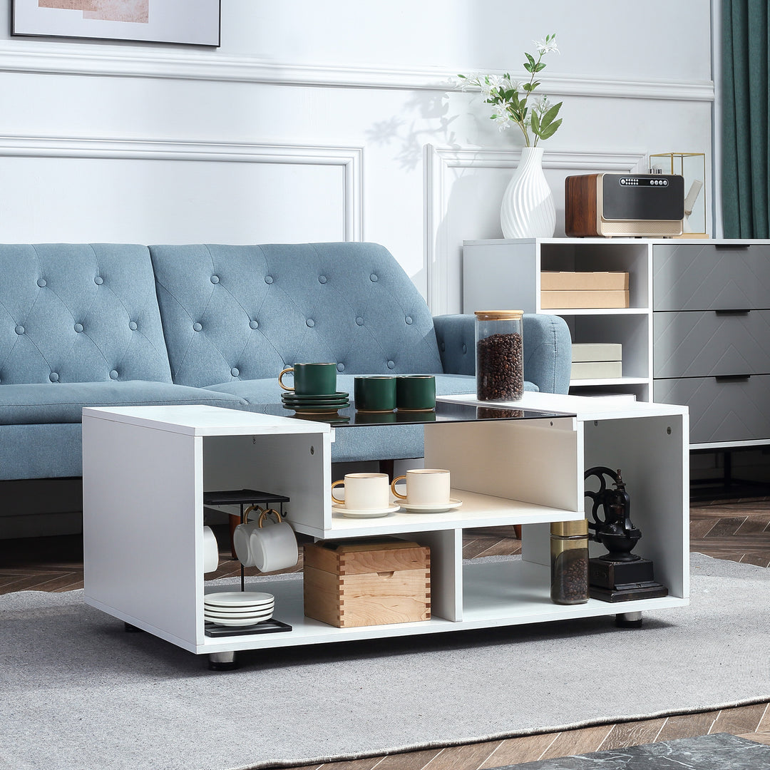 HOMCOM Modern Coffee Table with Tempered Glass Top, Cocktail Table with 3-Tier Storage Shelves for Living Room, White