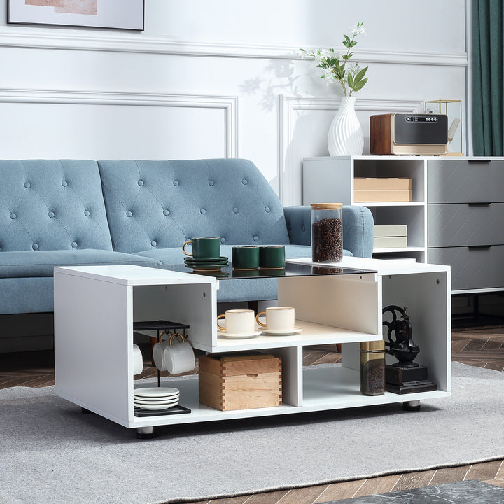 HOMCOM Modern Coffee Table with Tempered Glass Top, Cocktail Table with 3-Tier Storage Shelves for Living Room, White