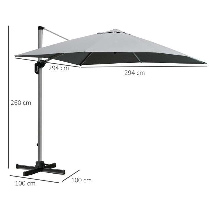 3 x 3(m) Square Cantilever Roma Parasol Garden Sun Umbrella Canopy Sun Shade Aluminium 360° Rotating &amp; Cross Base, Light Grey Outdoor