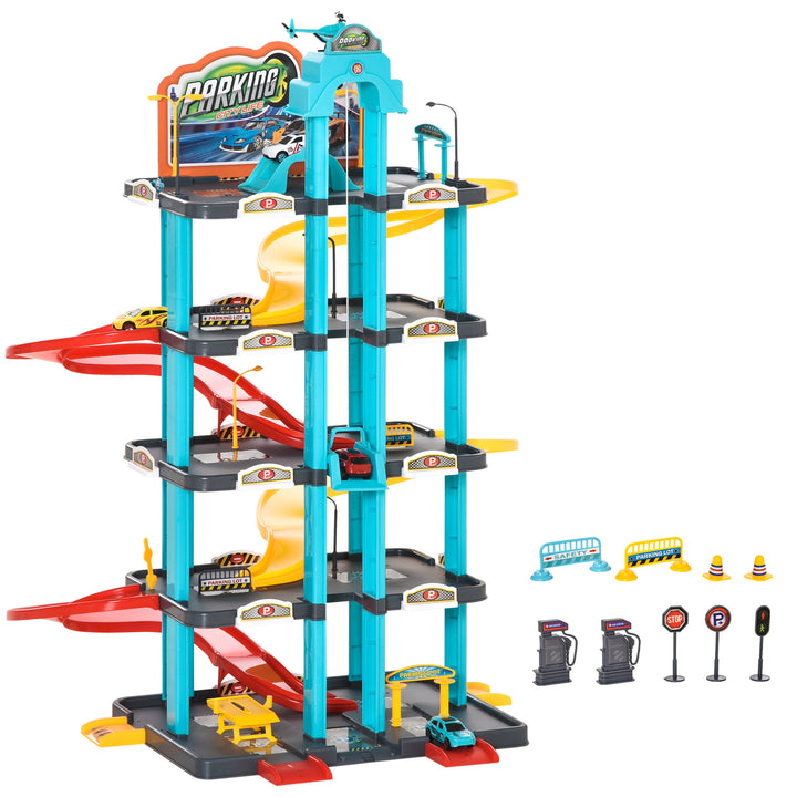 5-Level Car Parking Garage Toy Race Tracks Car Ramp Set Toddler Car Games w/ Cars &amp; Helicopter Elevator Gas Station Car Repair Station
