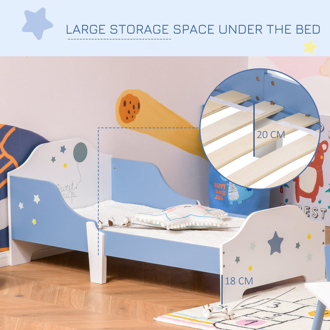 Kids Toddler Wooden Bed Round Edged with Guardrails Stars Image 143 x 74 x 59 cm Blue