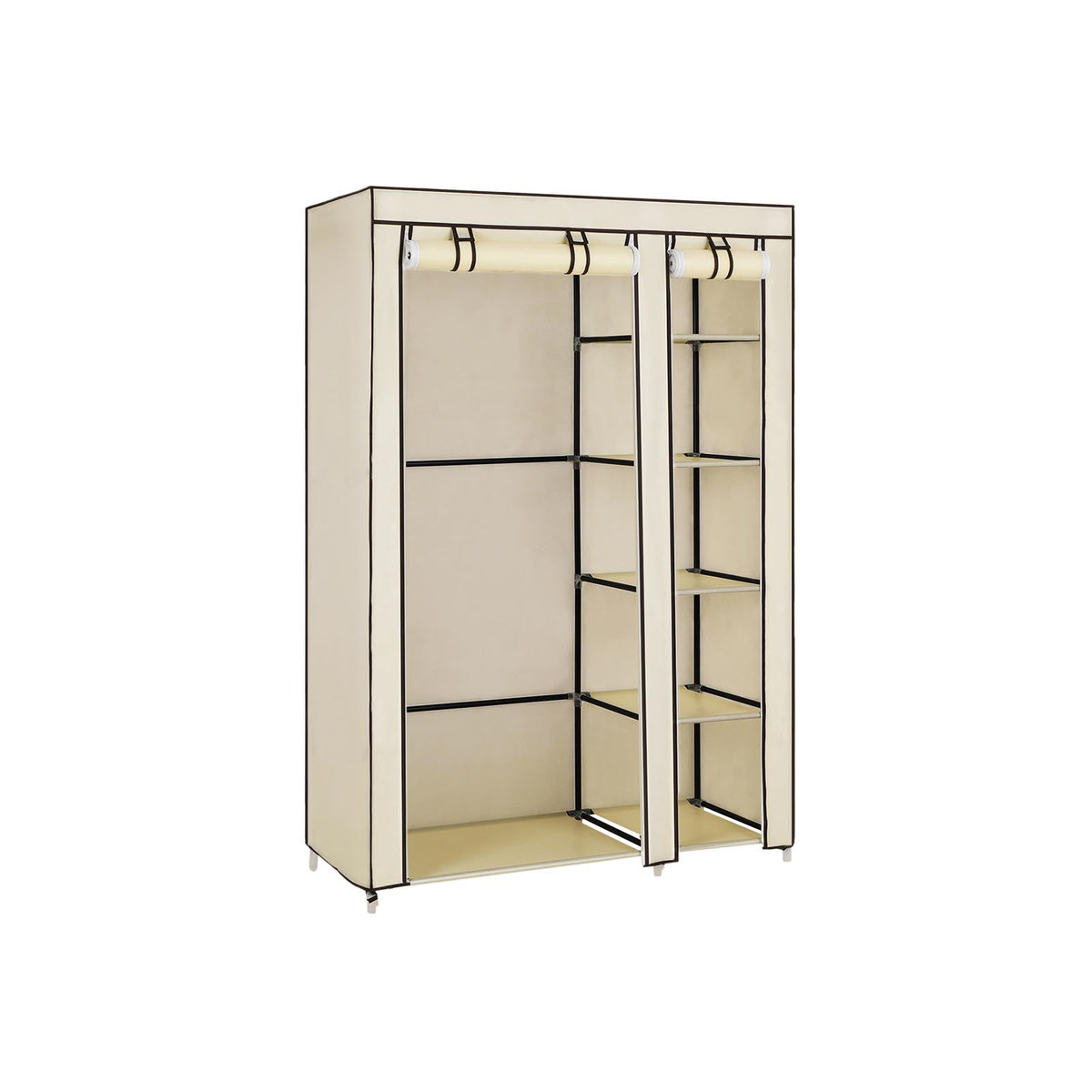 SONGMICS Double Canvas Wardrobe Clothes Storage Organiser Bedroom Furniture Cupboard with 6 Shelves Hanging Rail Beige 110 x 45 x 175cm (W x D x H) LSF007M