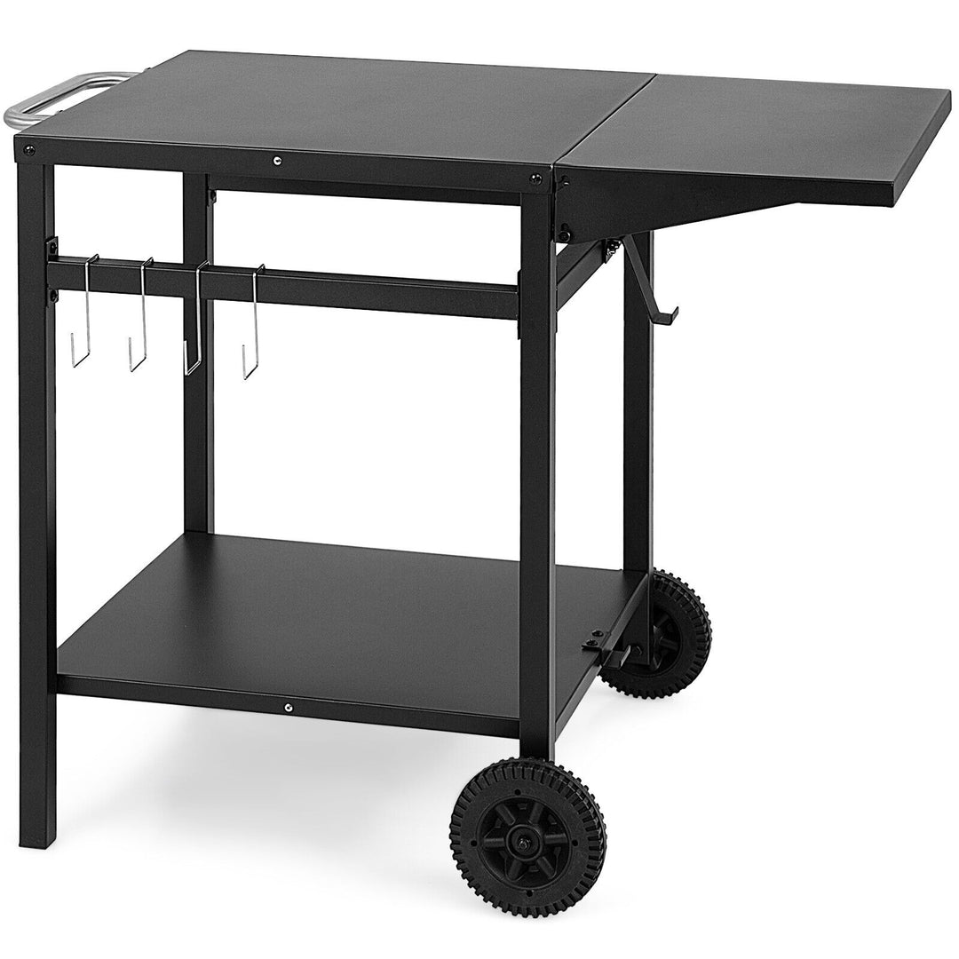 Double-Shelf Dining Cart with Folding Tabletop and 4 Extra Hooks-Black