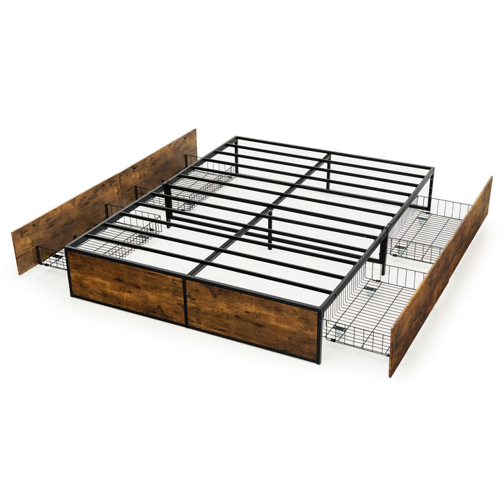 Double Metal Bed Frame with 4 Rolling Underbed Storage Drawers