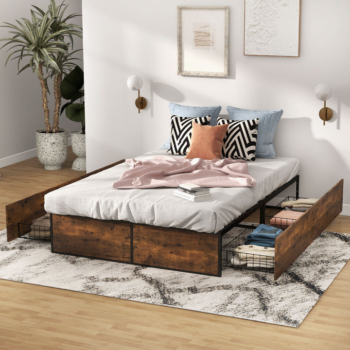 Double Metal Bed Frame with 4 Rolling Underbed Storage Drawers