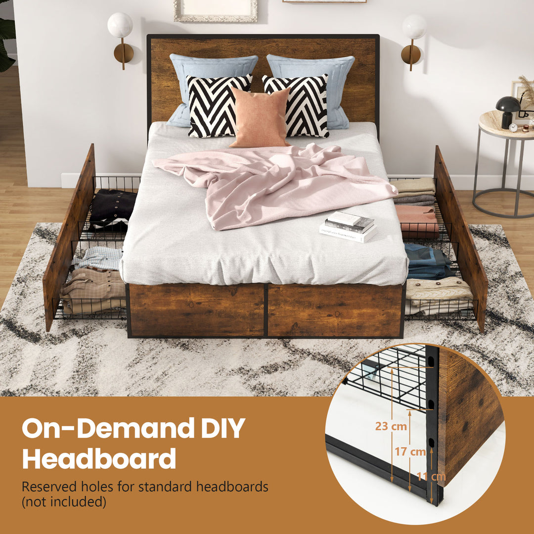 Double Metal Bed Frame with 4 Rolling Underbed Storage Drawers