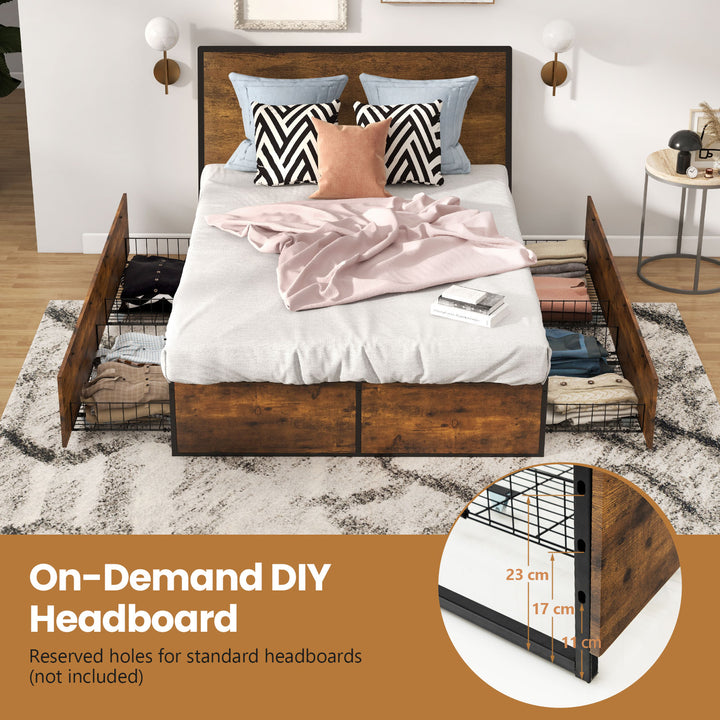 Double Metal Bed Frame with 4 Rolling Underbed Storage Drawers
