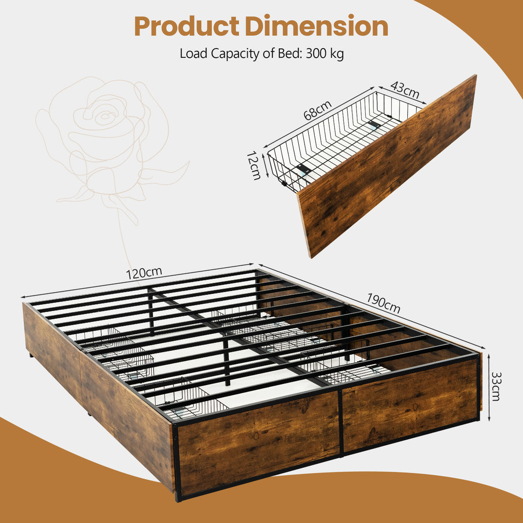 Double Metal Bed Frame with 4 Rolling Underbed Storage Drawers