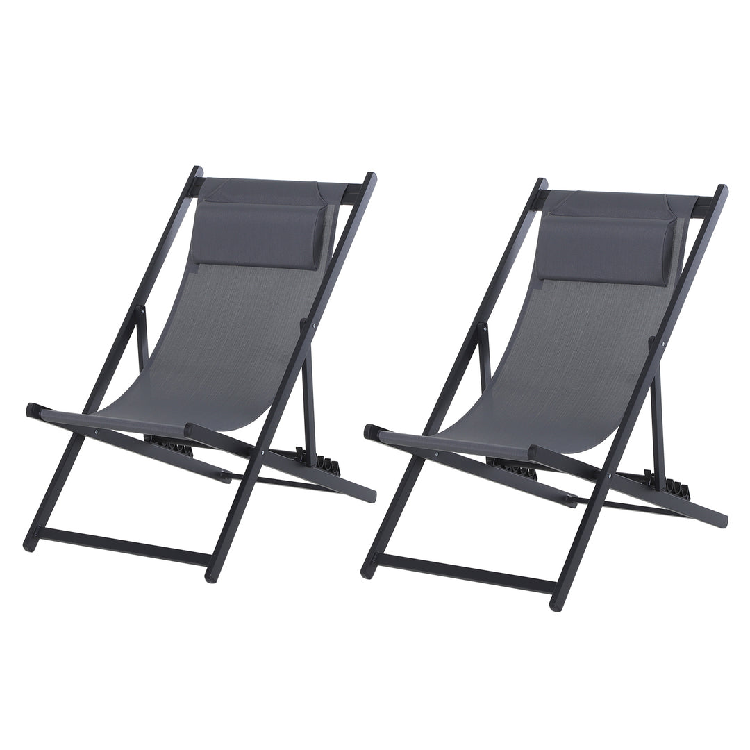 Set of 2 Folding Garden Beach Deck Chairs Deckchairs Seaside Folding Garden Patio Lounger, Grey