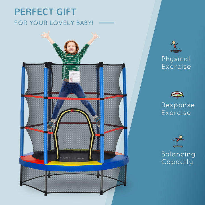 HOMCOM 5.2FT/63 Inch Kids Trampoline with Enclosure Net Steel Frame Indoor Round Bouncer Rebounder Age 3 to 6 Years Old Multi-color