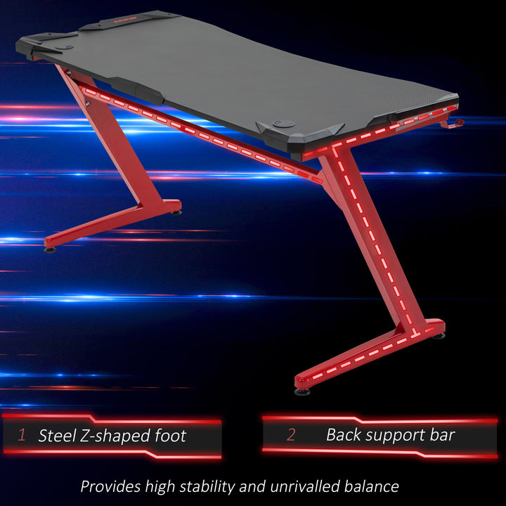 Gaming Desk, Ergonomic Home Office Desk, Gamer Workstation Racing Table, with Headphone Hook and Cup Holder, 142 x 66 x 96cm, Black and Red