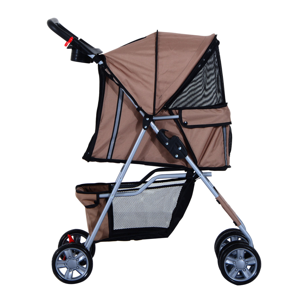 PawHut Dog Pram Pet Stroller Foldable Dog Pushchair with Wheels Zipper Entry Cup Holder Storage Basket Brown